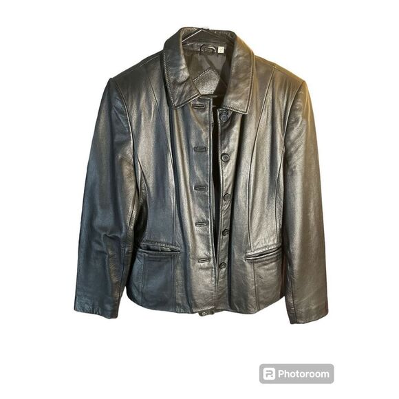 Vintage black fitted leather jacket button up S Preston & York - Picture 1 of 8
